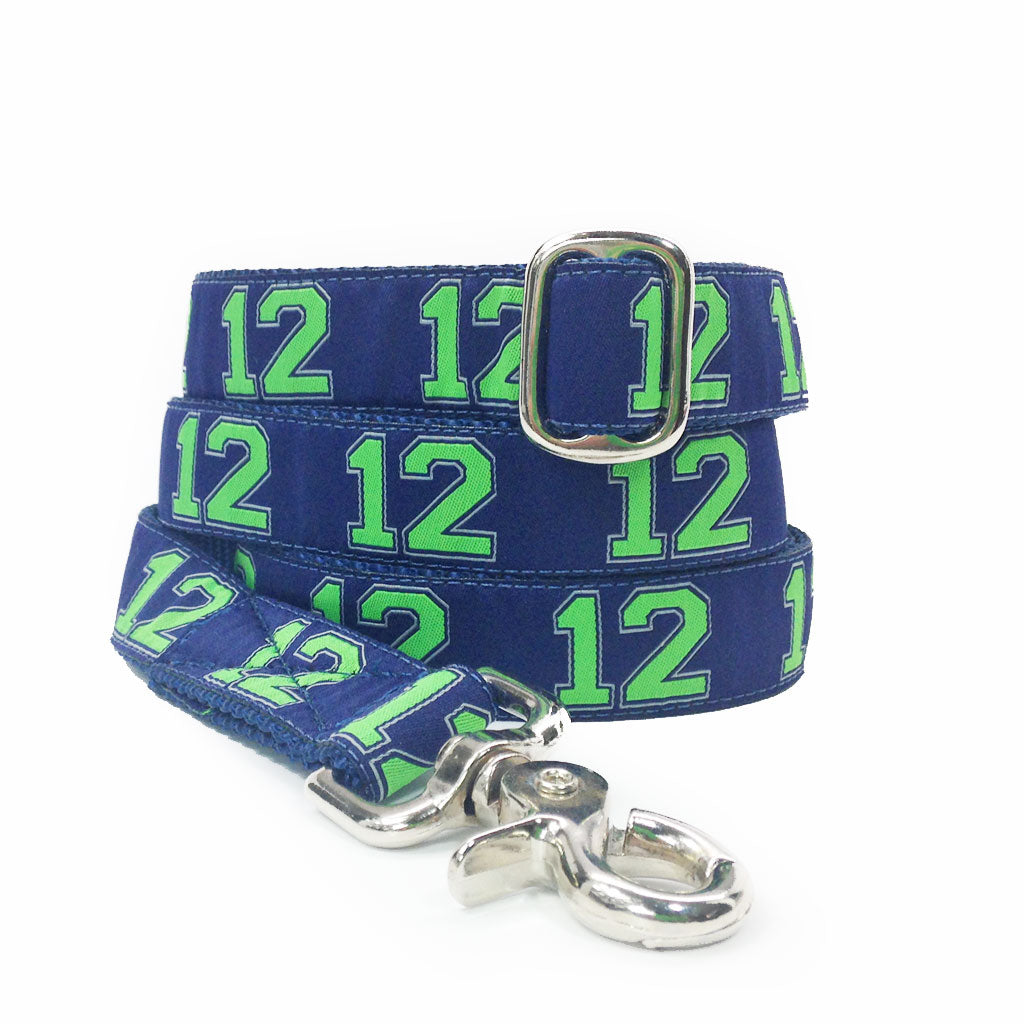 1" Wide Navy Blue with Repeated Green Seattle Seahawks Number 12 Dog Leash 