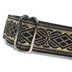 1.5" wide satin-lined black and metallic gold buckle dog collar by Classic Hound Collar Co.