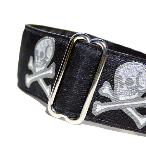 1.5" wide satin-lined black halloween pirate skull buckle dog collar by Classic Hound Collar Co.