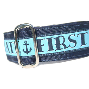 1.5" wide satin-lined blue first mate nautical buckle dog collar by Classic Hound Collar Co.