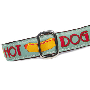 1" wide satin-lined vintage hot dog martingale dog collar by Classic Hound Collar Co.