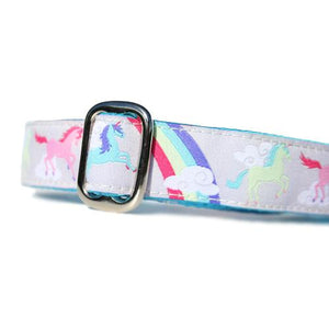 Pink Blue and Green Unicorns and Rainbows over a Grey Background Dog Collar Slant