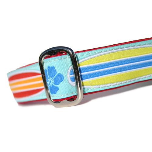 Red and Orange and Blue and Yellow Surfboards over Light Blue Background with Blue Hibiscus Hawaiian Surf Dog Collar