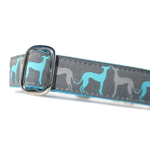 Turquoise Blue and Grey Sighthounds over Grey Background Sighthound Love Dog Collar Slant