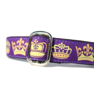 Yellow royalty king queen prince princess crowns over purple background dog collar