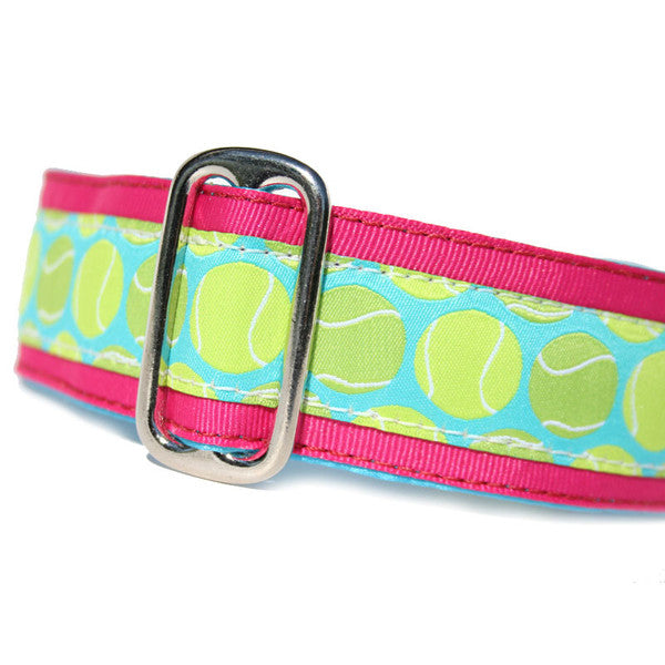 1.5" wide satin-lined pink tennis ball buckle dog collar by Classic Hound Collar Co.