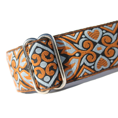 1.5" wide satin-lined orange and blue heart art deco buckle dog collar by Classic Hound Collar Co.