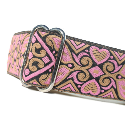 1.5" wide satin-lined black and pink heart art deco buckle dog collar by Classic Hound Collar Co.