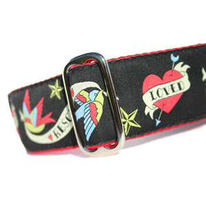 1.5" wide satin-lined black tattoo style rescue buckle dog collar by Classic Hound Collar Co.