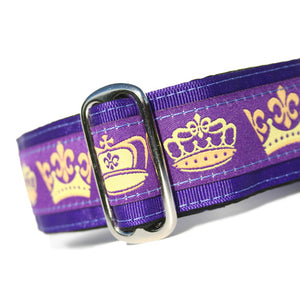 1.5" wide satin-lined purple crown royalty buckle dog collar by Classic Hound Collar Co.