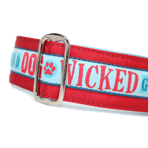 1.5" wide satin-lined red wicked good dog buckle dog collar by Classic Hound Collar Co.