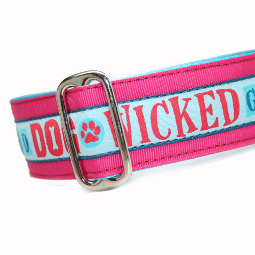 1.5" wide satin-lined pink wicked good dog buckle dog collar by Classic Hound Collar Co.