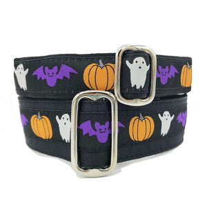 Purple Bats White Ghosts and Orange Pumpkins over a Black Background Dog Collars Stacked