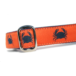 Navy Blue Crabs on Orange Background Ocean Nautical Dog Collar Slant