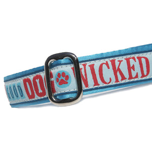Red and Blue Wicked Good Dog over Blue Background Slant