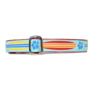 Red and Orange and Blue and Yellow Surfboards over Light Blue Background with Blue Hibiscus Hawaiian Surf Dog Collar