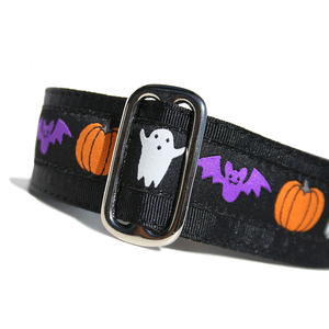 Purple Bat White Ghost Orange Pumpkin Halloween Spirit Martingale Dog Collar in Black