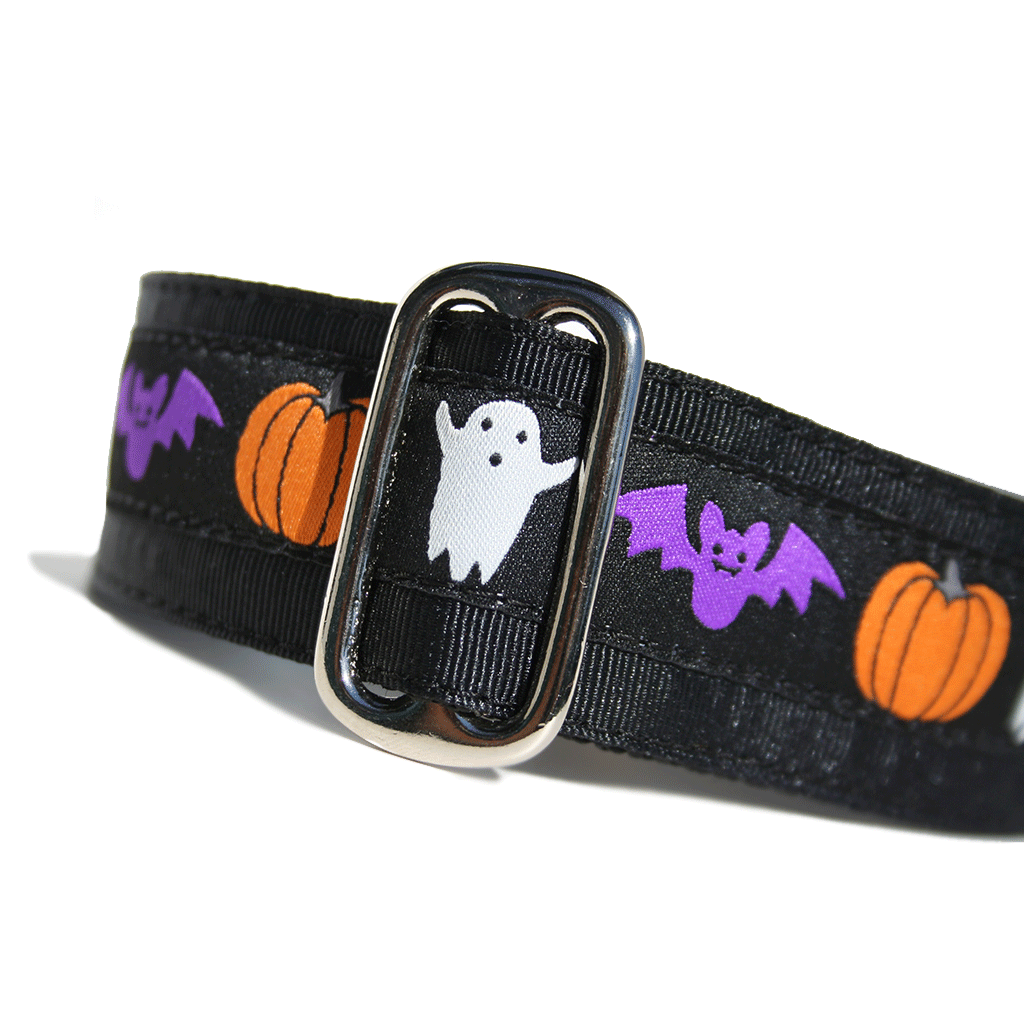 Purple Bats White Ghosts and Orange Pumpkins over a Black Background Dog Collars Stacked